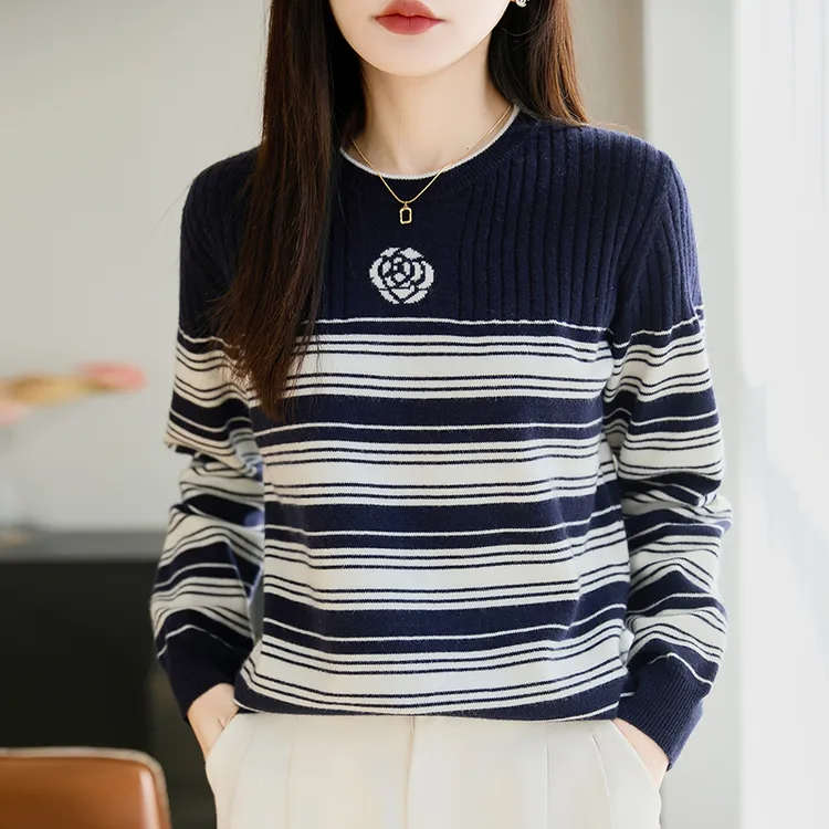 羊毛衫圆领女款韩版时尚针织衫打底内搭条纹毛衣秋冬女宽松上衣