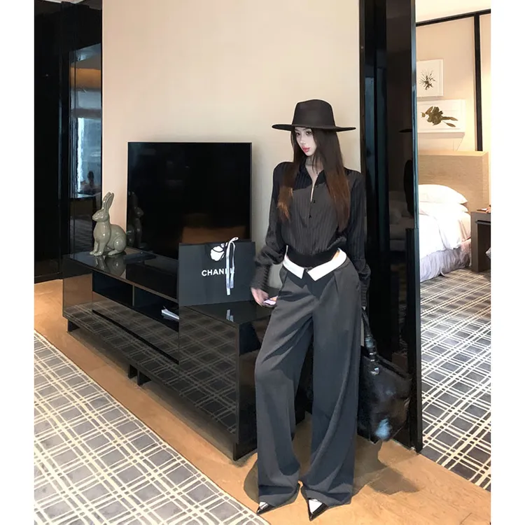 2025秋季新款黑色连体衬衫女辣妹翻领条纹长袖上衣+低腰阔腿裤女