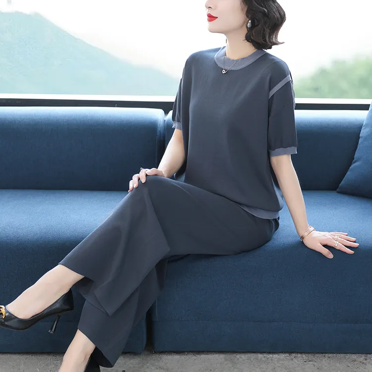 休闲时尚套装女夏季短袖2025新款时髦洋气宽松妈妈装阔腿裤两件套