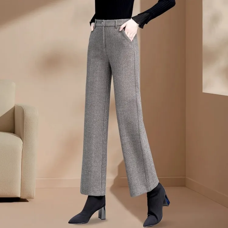 小个子窄版毛呢阔腿裤女秋冬2025新款加绒高腰卡其色九分直筒裤子