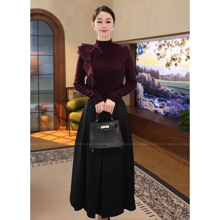 唐熹2026新款【8386】含绵羊毛针织衫荷叶边酒红色修身时尚百搭毛