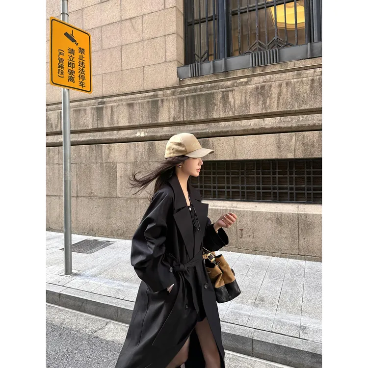 区区欧阳双排扣翻领风衣外套女秋季新款休闲宽松中长款高级感大衣