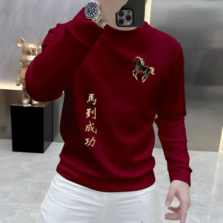 马到成功中国风潮流卫衣男士秋冬新款设计感加绒保暖圆领长袖上衣