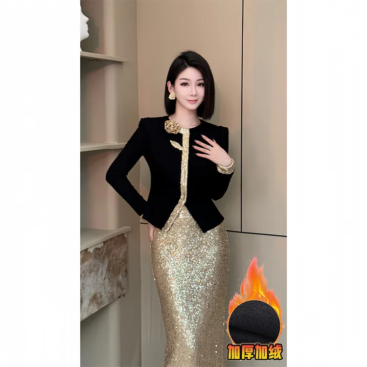 格娜【晚金】冬季穿搭年会战袍高品质小众轻奢气质高贵优雅女装套装