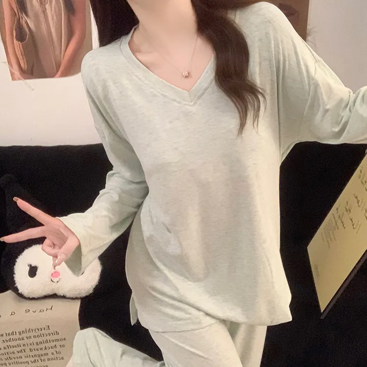 带胸垫睡衣女款春秋季彩棉长袖纯欲浅灰韩版百搭v领两件套家居服