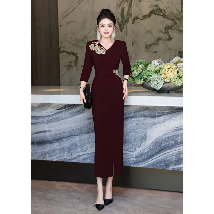 欧美法式重工刺绣精美修身正式场合主持人礼服裙喜妈妈婚礼连衣裙