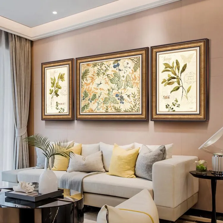 网红美式三联复古客厅装饰画欧式沙发背景墙画花鸟三联画简美植物