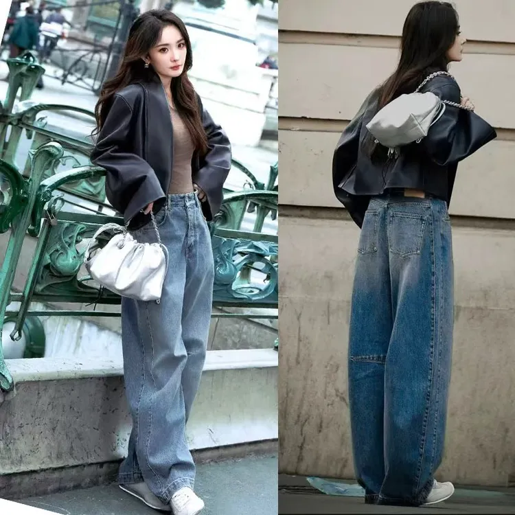 杨幂同款蓝色弯刀牛仔裤女秋季新款2025高腰时尚休闲窄版阔腿裤子