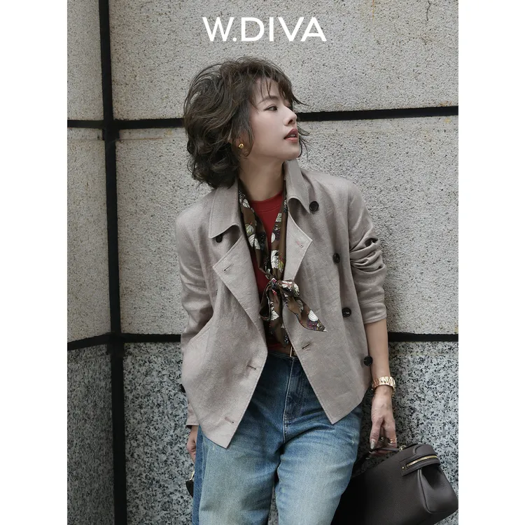 W.Diva【岁月歌】法式双排扣翻领亚麻肌理短外套DWASWL1335魏老板