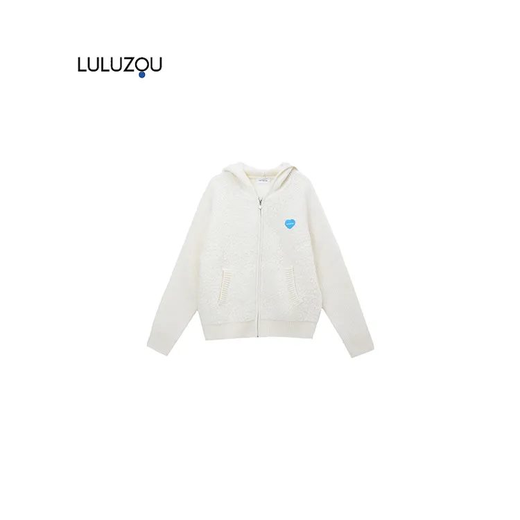 luluzou连帽秋冬百搭设计款毛衣白色宽松 11325