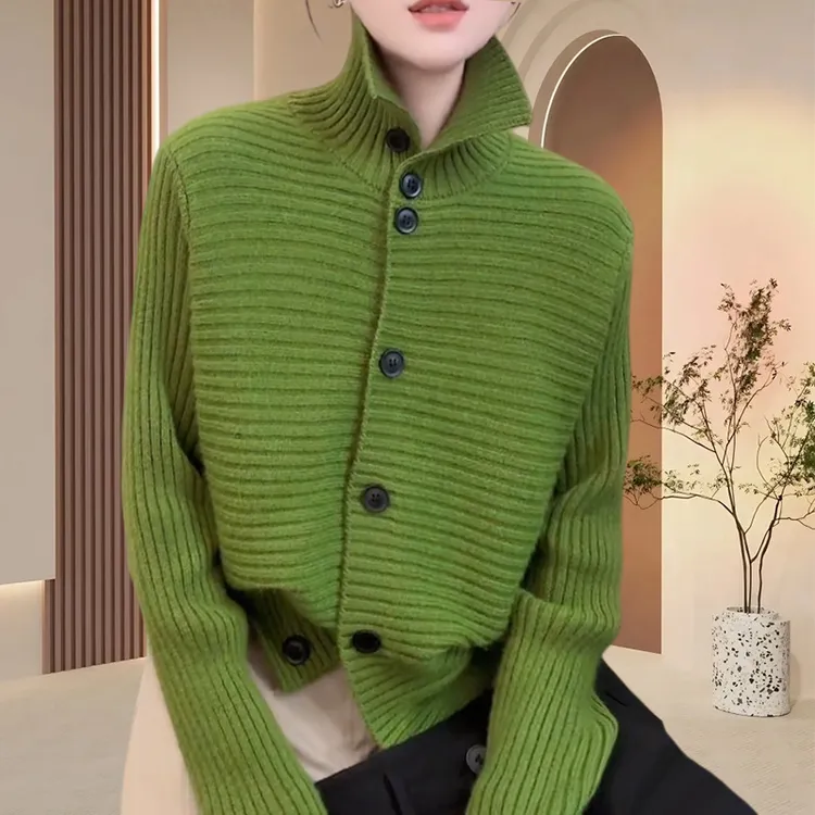 立领单排扣坑条针织毛衣开衫女秋冬2025新款设计感慵懒显瘦上衣