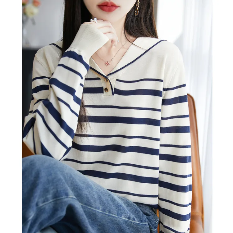 2025春季款海军领条纹套头针织衫打底长袖外穿上衣