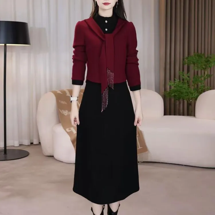 假两件连衣裙女秋季2025新款修身减龄妈妈装通勤风中长款a字裙潮