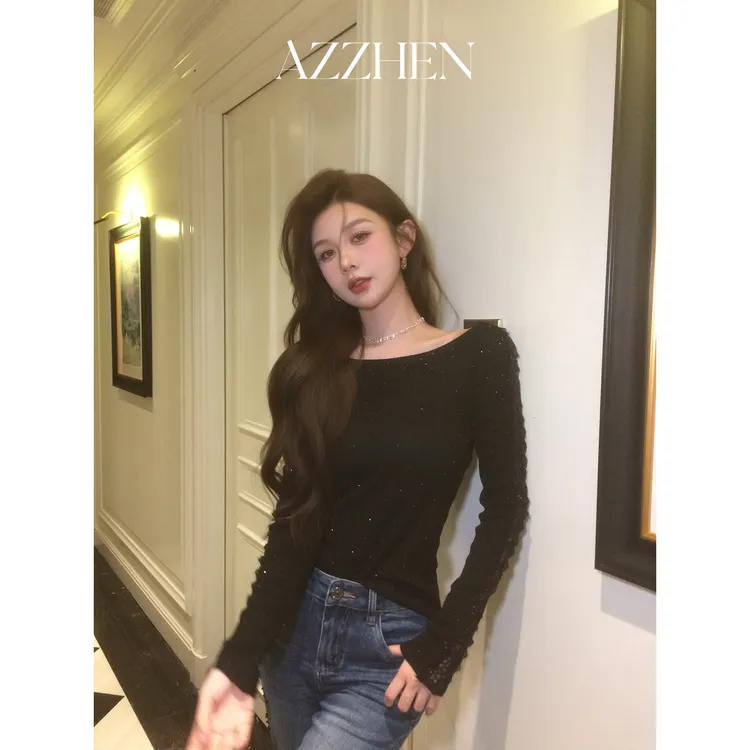 AZZHEN【奢想蕾丝】气质显瘦烫钻蕾丝拼接打底衫AZ5OBS11-ZS上衣