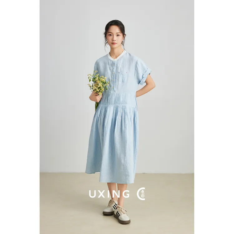 原形复古文艺亚麻连衣裙女2025春夏秋新款温柔风衬衫裙长裙91330
