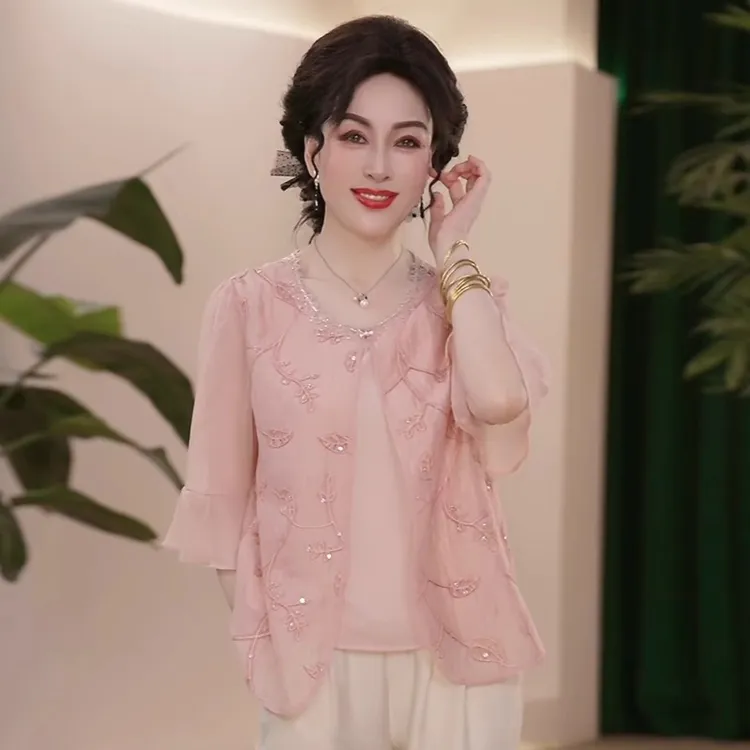 气质妈妈夏装薄款时尚洋气小衫两件套贵夫人夏季端庄优雅衬衫套装