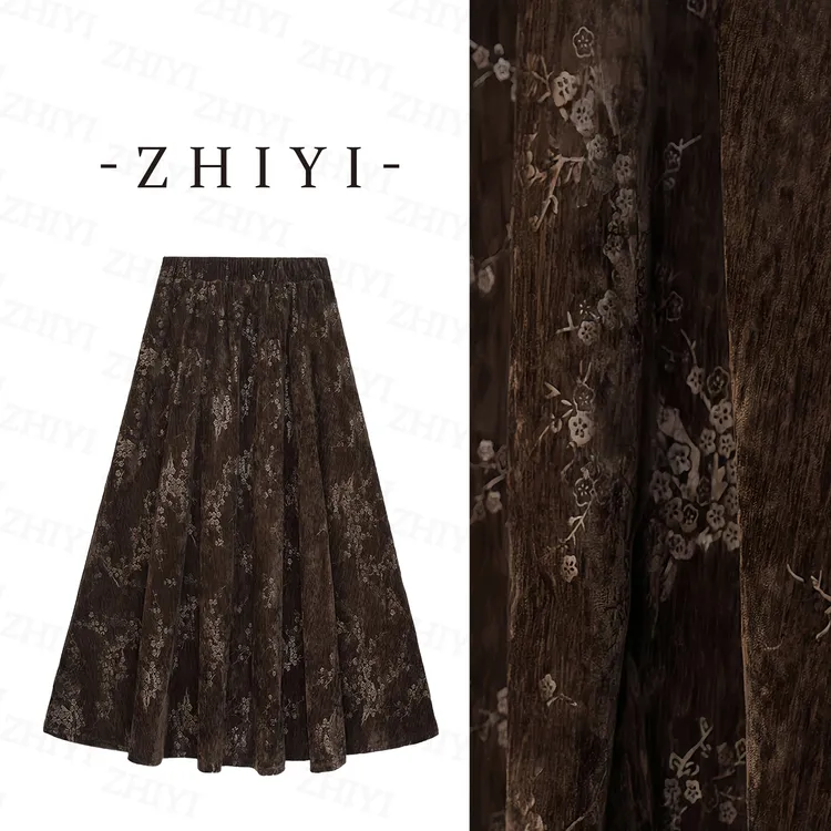 【二个裙长】2025秋冬新款新中式风丝绒印花半身裙减龄百搭A字长裙