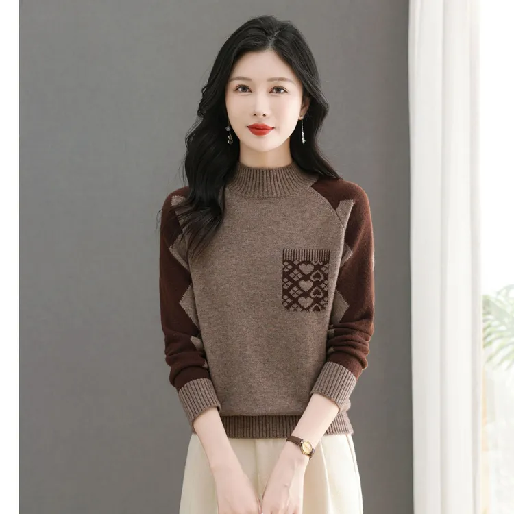 2024冬季新款加厚长袖半高领拼接提花撞色时尚套头宽松女毛针织衫