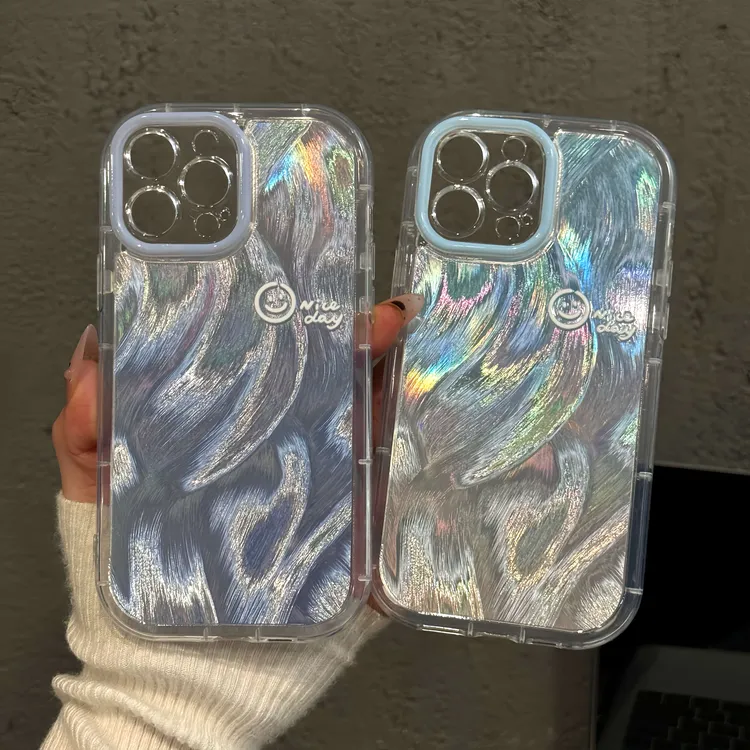 适用苹果16pro泡芙iPhone15手机壳华为p60渐变蓝色笑脸小米15小众