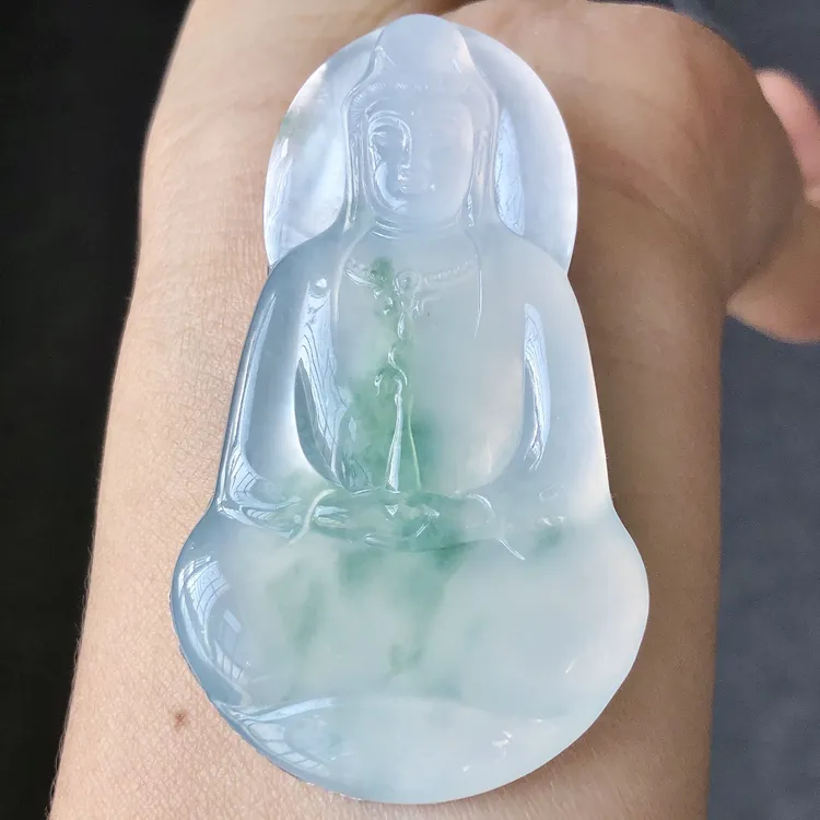 缅甸天然A货翡翠老坑正冰种飘花素衣观音吊坠尺寸57.5/34.6/4.5