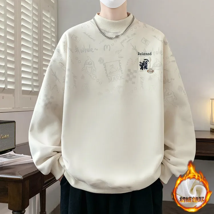 半高领加绒加厚卫衣男款秋冬季潮牌卡通动漫青少年内搭打底衫上衣