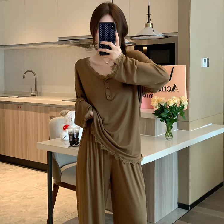 长袖V领秋季莫代尔睡衣家居服两件套装女花边性感可外穿休闲网红