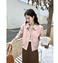 拼接常规款法式女装翻领粉色皮衣显瘦轻奢长袖少女风59