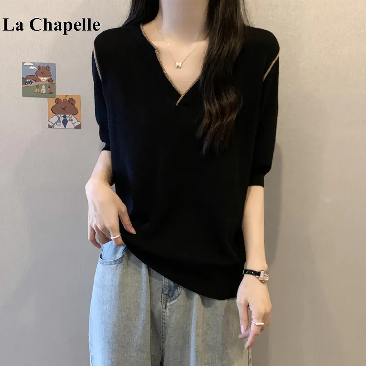 拉夏贝尔大码胖妹妹遮肉显瘦冰丝短袖针织衫女装夏季百搭薄款上衣