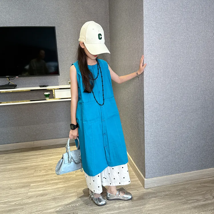 女童长款无袖衬衫连衣裙套装2025夏季新款白色阔腿裤子森系两件套