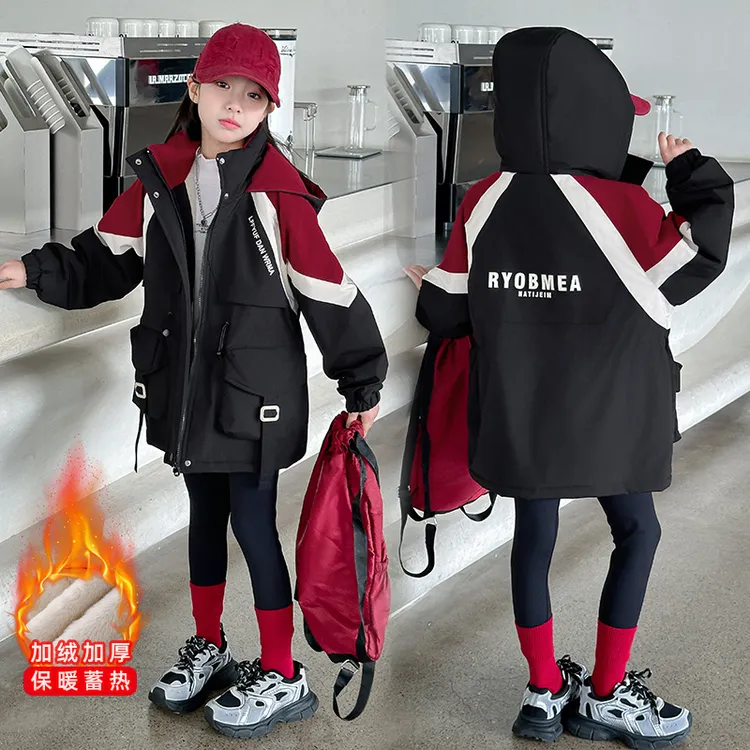 女童秋冬款派克服2025新款洋气加绒加厚时尚中大童拼色字母外套潮