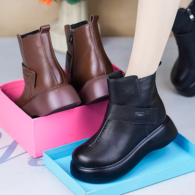 XM1820冬季新款真皮加绒短靴女纯牛皮松糕厚底保暖棉靴复古马丁靴