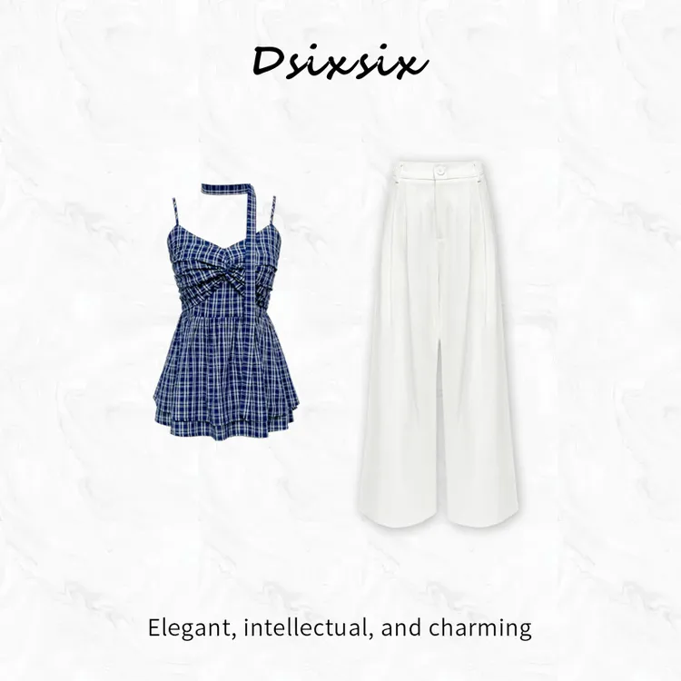 Yeah Me/也觅【海风气泡】夏季时尚气质高级感格纹显瘦吊带套装女装