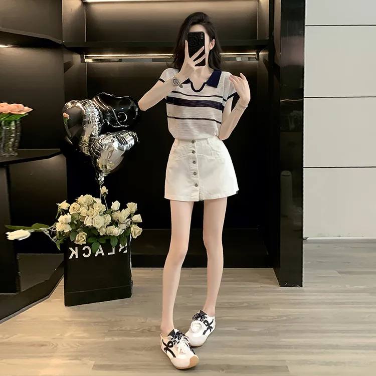 女短袖减龄冰爽丝针织衫条纹宽松T恤上衣白色牛仔短裙裤裙a字短裤