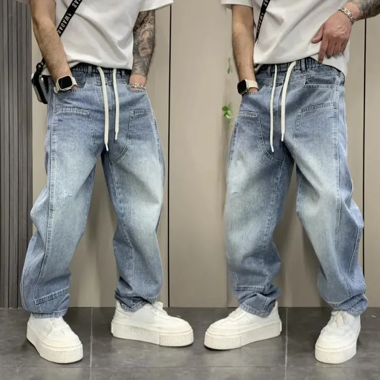 2025春秋季新款男士牛仔裤美式复古水洗渐变男款阔腿裤痞帅直筒裤