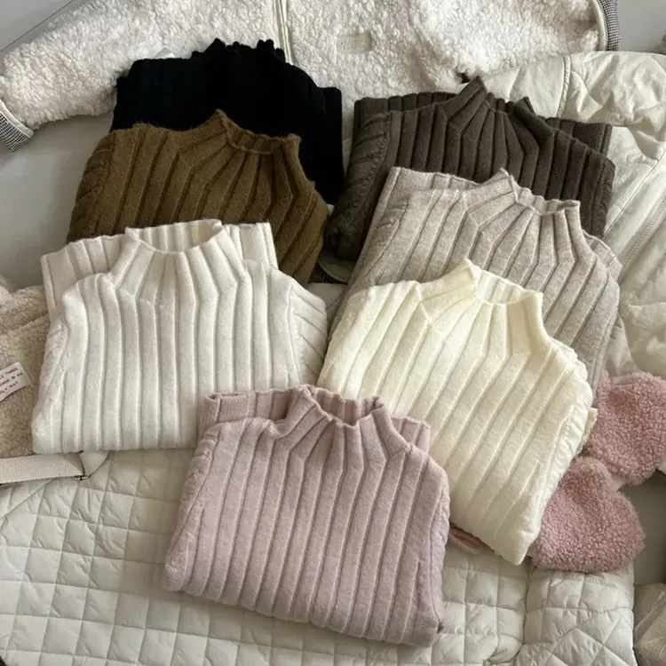 男女童毛衣秋冬儿童纯色坑条中领打底衫男女宝宝套头针织保暖线衫