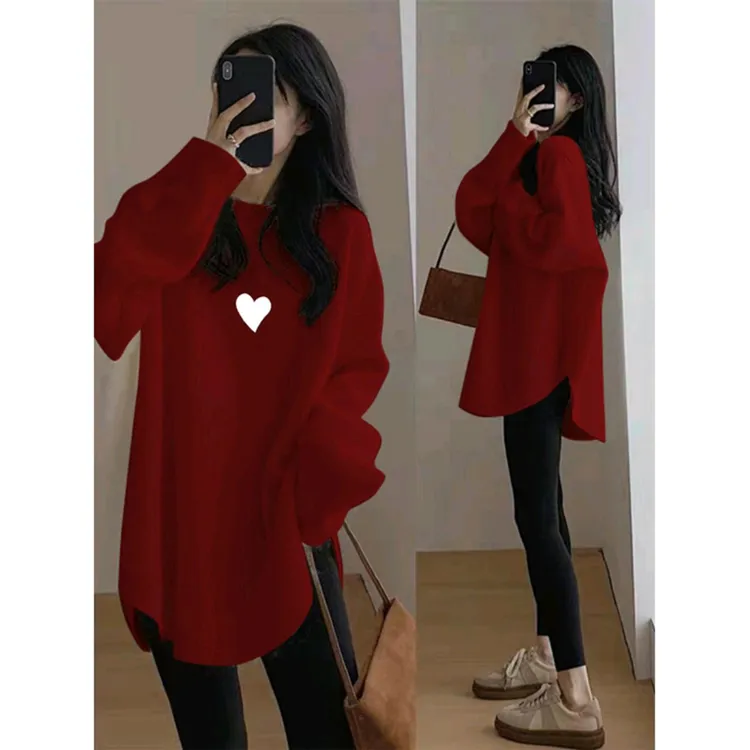 中长款红色打底衫女春秋季遮屁股上衣秋冬欧货长袖内搭德绒长T恤