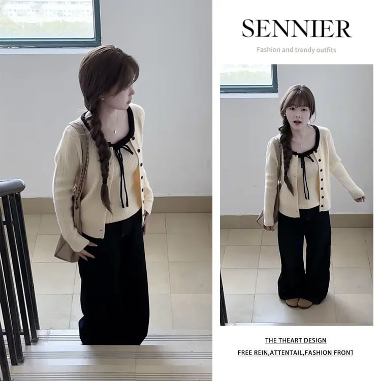 今年流行穿搭2025新款百搭长袖针织开衫修身吊带显瘦阔腿裤三件套