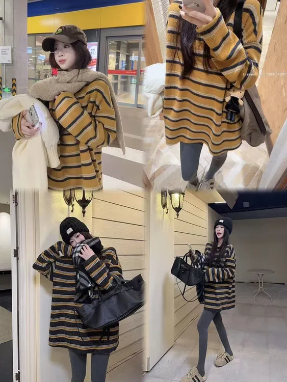 韩国东大门秋季新款休闲慵懒风毛绒感温暖厚实条纹加厚大T恤上衣