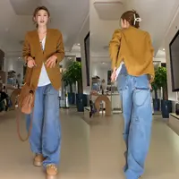 【花花】美式复古弯刀宽松工装口袋牛仔裤高腰拼接显瘦裤子81331