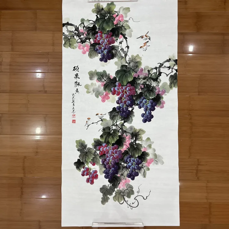 张文忠手绘国画葡萄四尺竖版紫气东来玄关餐厅走廊装饰画138*68
