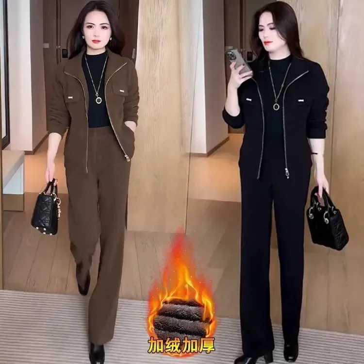 加绒保暖时尚休闲服套装2025秋冬季新款中年妈妈装遮肉显瘦两件套