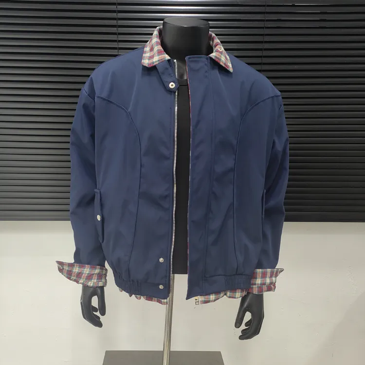美式复古假两件格子拼接外套春秋季新款新款潮牌痞帅夹克cleanfit