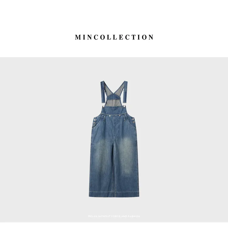 DE Mincollection复古仿旧褪色水洗休闲九分阔腿牛仔背带裤40382