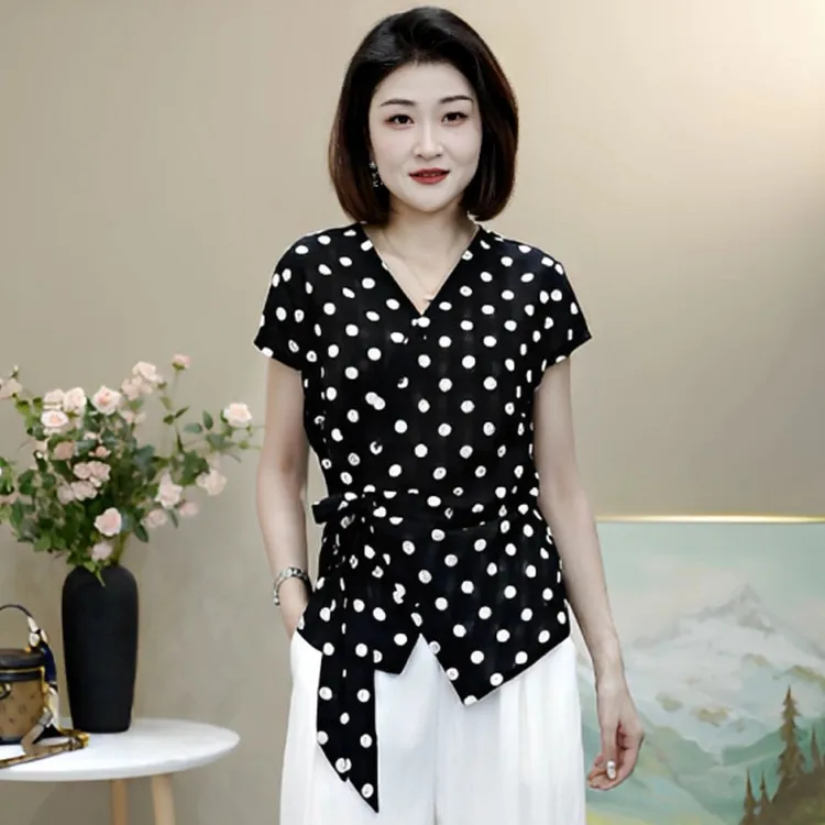 78660夏季新款休闲薄款波点时尚简约百搭洋气显瘦小衫设计感T恤