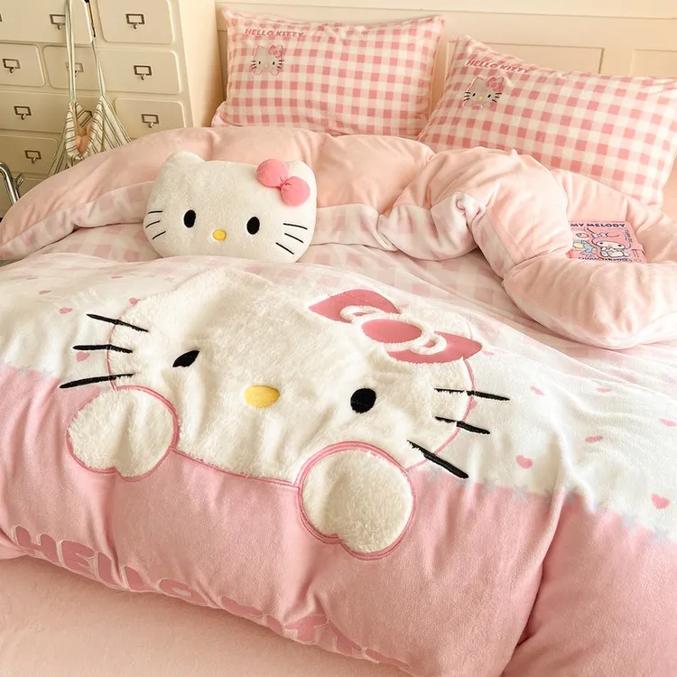 水星新家纺hellokitty牛奶绒床上四件套冬天加厚珊瑚加绒被套床单