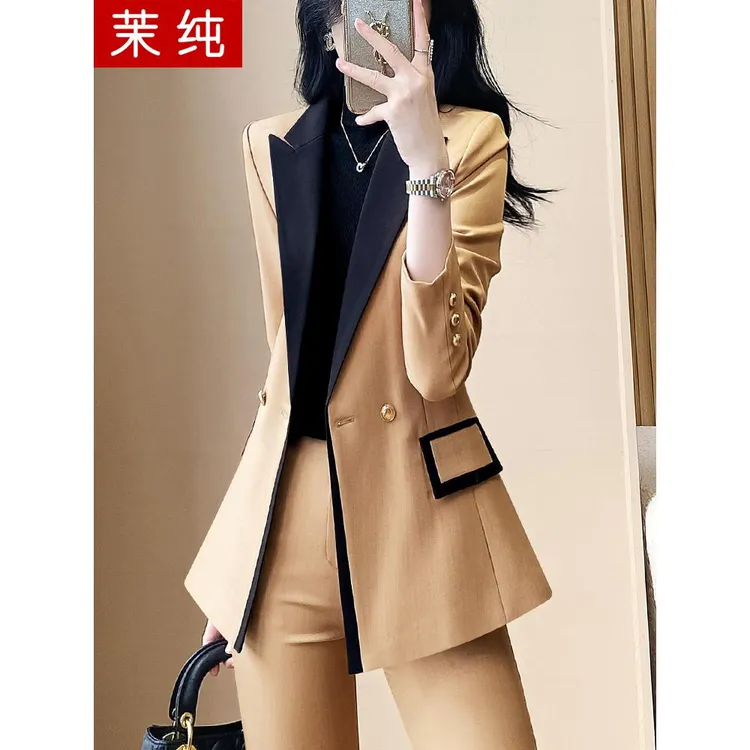 西装外套女卡其色拼色西服高级感设计感小众轻职场高级感职业洋气
