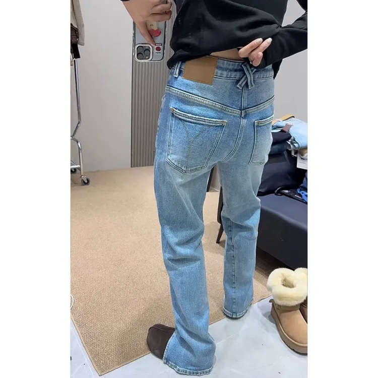 2025秋冬新款加绒厚款阔腿牛仔裤女小个子大码修身窄版开叉直筒裤