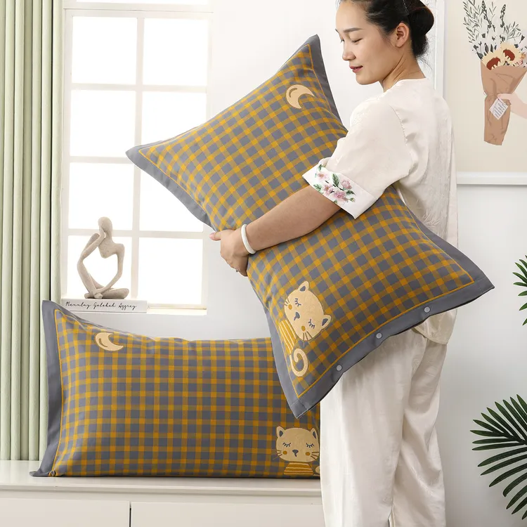 纱布纯棉枕套一对装成人枕头套加大加厚按扣四季枕芯套枕套一对装