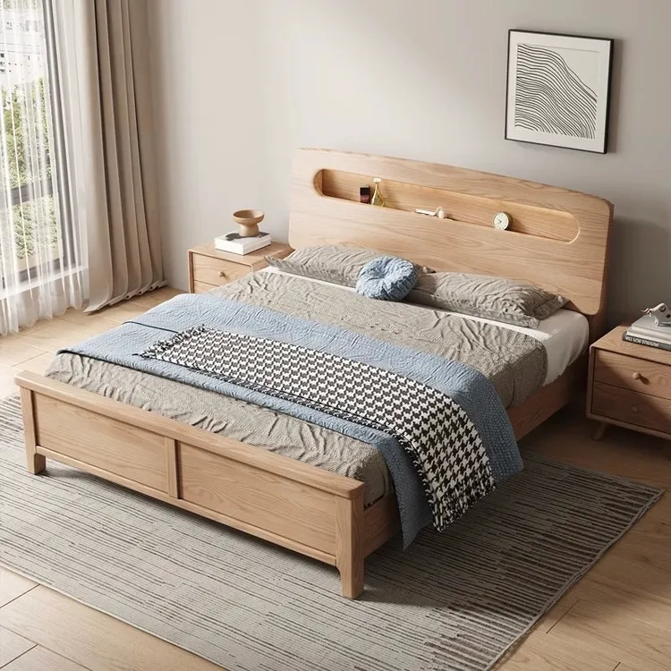 国补】高雅白蜡木实木床1.8米x2米主卧大床双人床头带置物夜灯充电