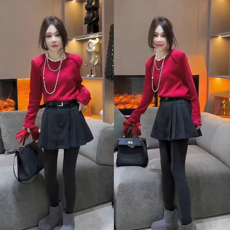 今年流行漂亮套装2025新款时尚小众简约风显瘦针织毛衣短裙两件套